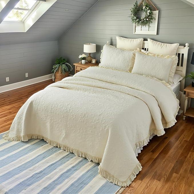 Brandream Luxury Cotton Quilt Set King Size Heirloom Quality Ruffled Edge Floral Vine Stitching Bedspread Cream Yellow Premium Handcrafted Quilt Bedding Set 3-Piece
