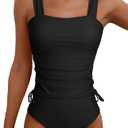 Womens Retro Ruched Two Piece Strappy Tummy Control Swimwear Tie Side Tankini Bathing Suit Set, Black, Size S