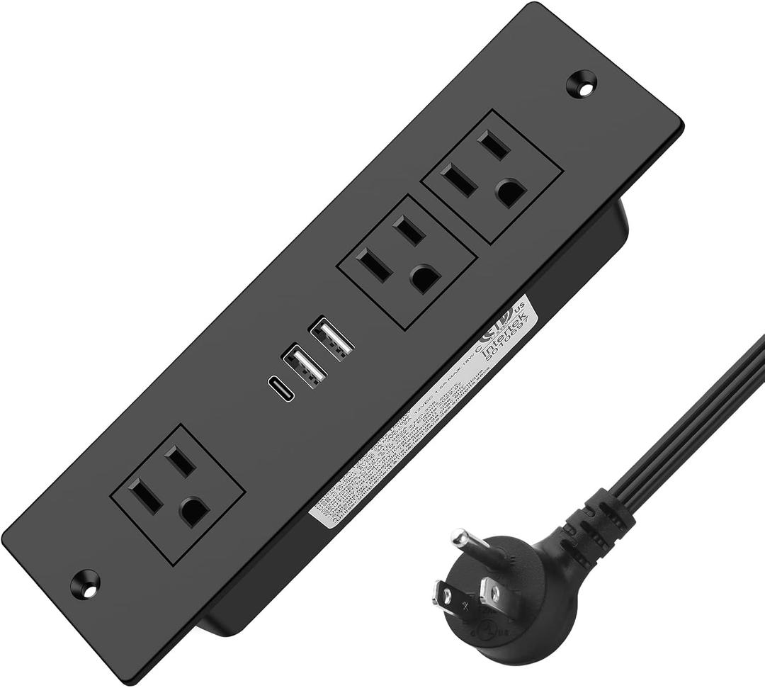 HEZI Recessed Power Strip, Furniture Drawer Outlet with 20W PD USB-C & 18W QC3.0 USB-A, Plug in 3 Outlets & USB Ports, Flush Mount 6FT Black Cord Conference Desk Outlet Fast Charge