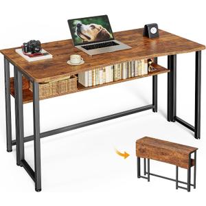 Huuger Folding Desk with Storage Shelf, 39.3 Inch Foldable Computer Table for Small Spaces, Space Saving Sofa Table for Couch, Writing Work Office Computer Desk, Easy to Fold, Rustic Brown, 18.5"D x 39.4"W