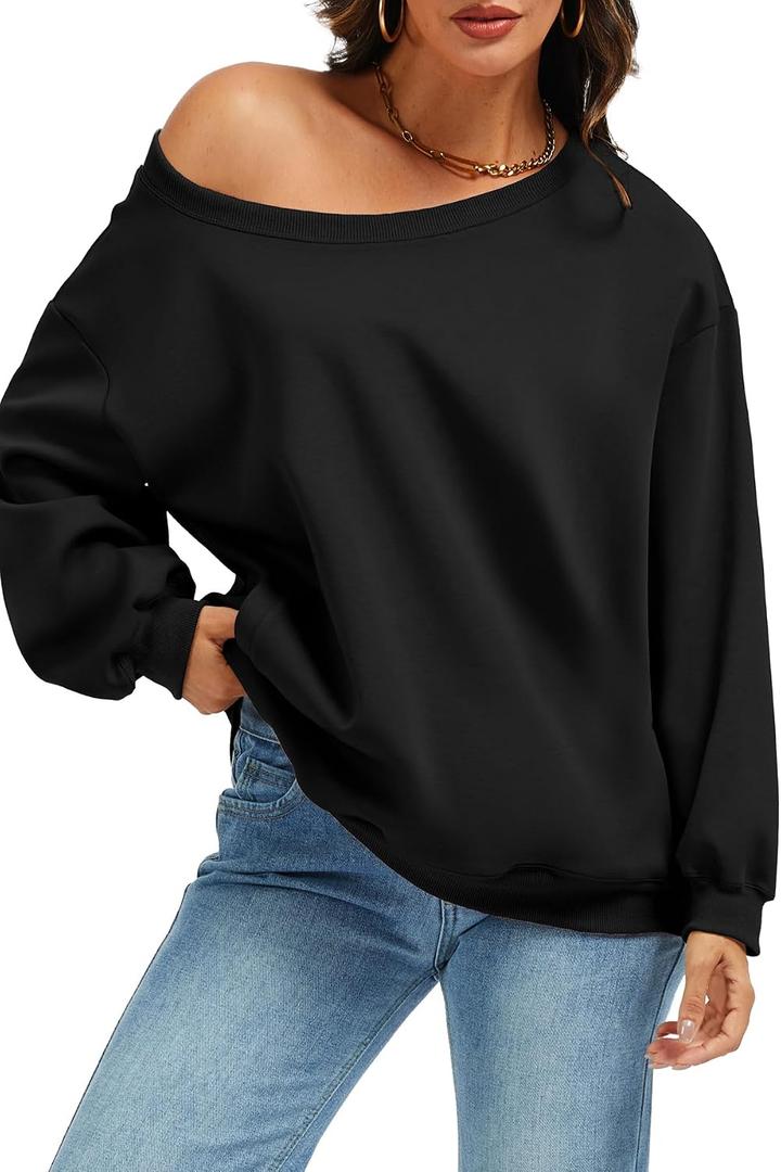 ELLEVEN Womens Off Shoulder Sweatshirt, Casual Long Sleeve Pullover Tops with Pockets (Black, S)