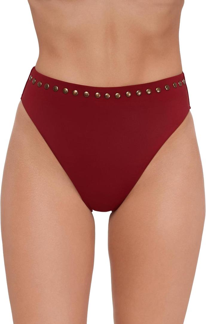 Steve Madden Women's High Leg High Waist Bikini Bottom with Studs (Red, S)