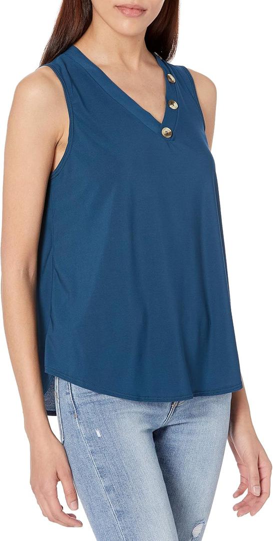 Star Vixen Women's Sleeveless V Neck Top with Button Detail (Medium Petite, Teal)
