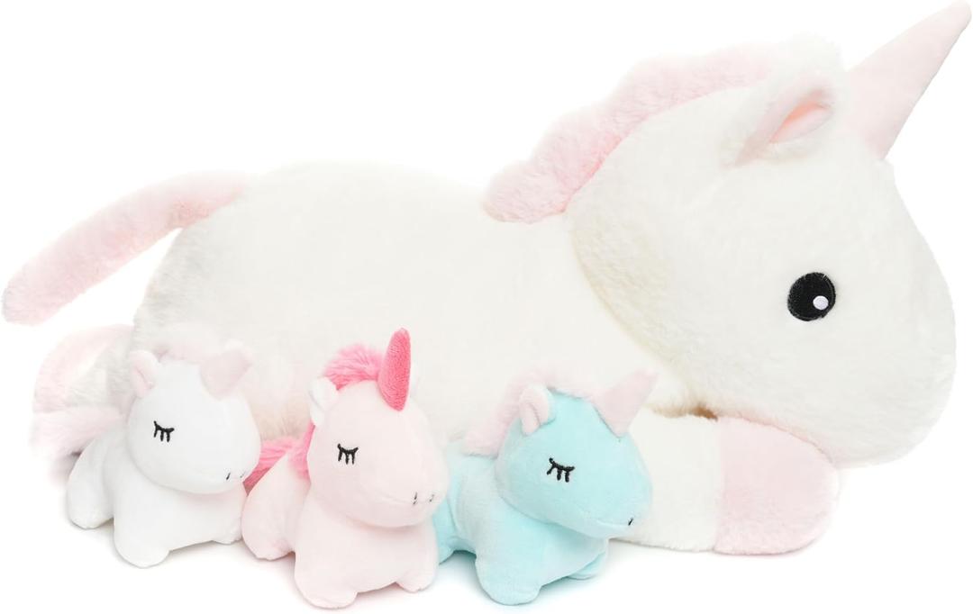 Unicorn Toys for Girls Ages 1 2 3 4 5 6 7 8 Years, Mommy Stuffed Animal with 3 Babies Unicorns in Her Tummy, Soft Plush Toys Set for Baby Toddler Kids Valentines Birthday Gifts