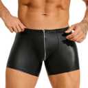 comeondear Men's Faux Leather Boxer Shorts Zipper Bulge Pouch Briefs Black Plus Size Sexy Underwear Panties