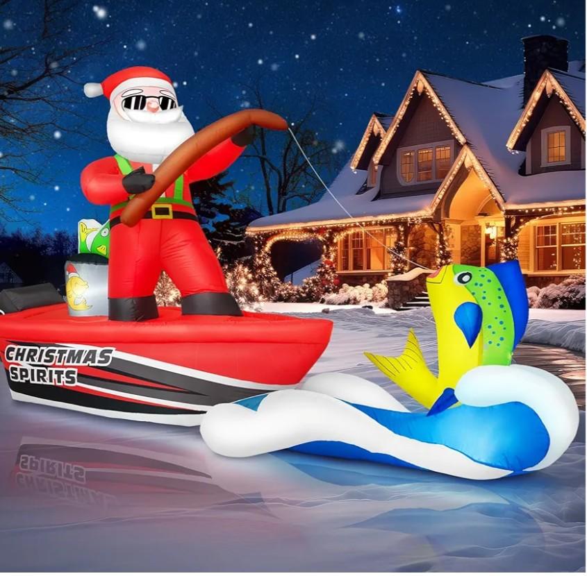 12FT Long Christmas Inflatables Santa Sea Fishing on Giant Boat, Christmas Decoration Outdoor Huge Blow Up Yard Decorations Large Blowups with LED Lights for Xmas New Year Holiday Party