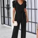 BLENCOT Womens Jumpsuit Short Sleeve Casual v Neck Belted Wide Leg Formal Rompers Jumpsuits, Black, Large