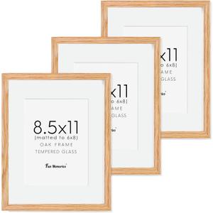8.5x11 Picture Frame Set of 3, Solid Oak Wood & Tempered Glass, 8.5 x 11 Frame for Wall, Rustic Wood 8.5 by 11 Frames, 8.5x11 Frame with Mat for 6x8, Natural Oak Color