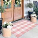 Pink and White Outdoor Rug 27.5''x 43.3''Buffalo Plaid Layered Doormat Woven Machine Washable Farmhouse Door Mats Outdoor for Hello/Welcome Mat,Entryway,Bedroom,Patio
