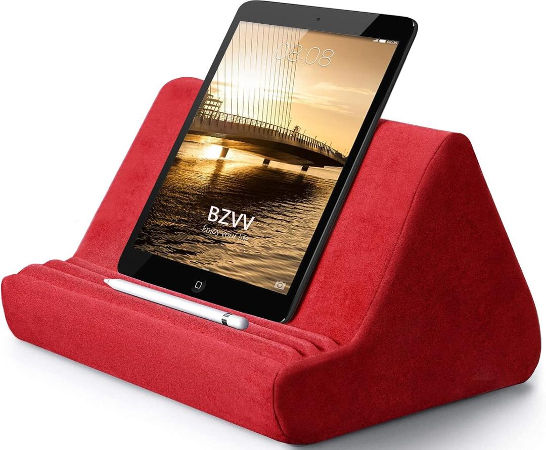 BZVV Soft Tablet Stand Pillow with Pocket,Adjustable 3 Viewing Angle,Lazy Holder for Bed Sofa,Compatible with iPads Tablets eReaders Smartphones Books Magazines (Wine Red)