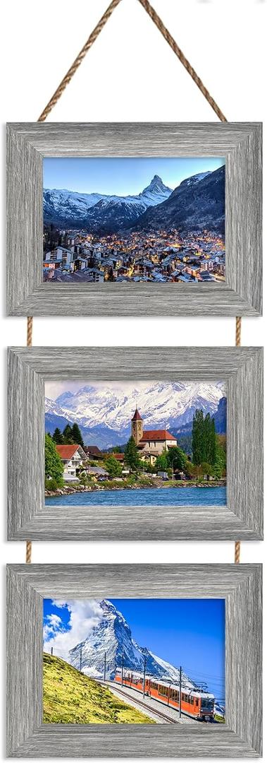 Rexllon 5x7 Picture Frame, Wall Hanging Picture Frames Collage with 3 Opening Frames, Picture Frames Collage Wall Decor Rustic Grey