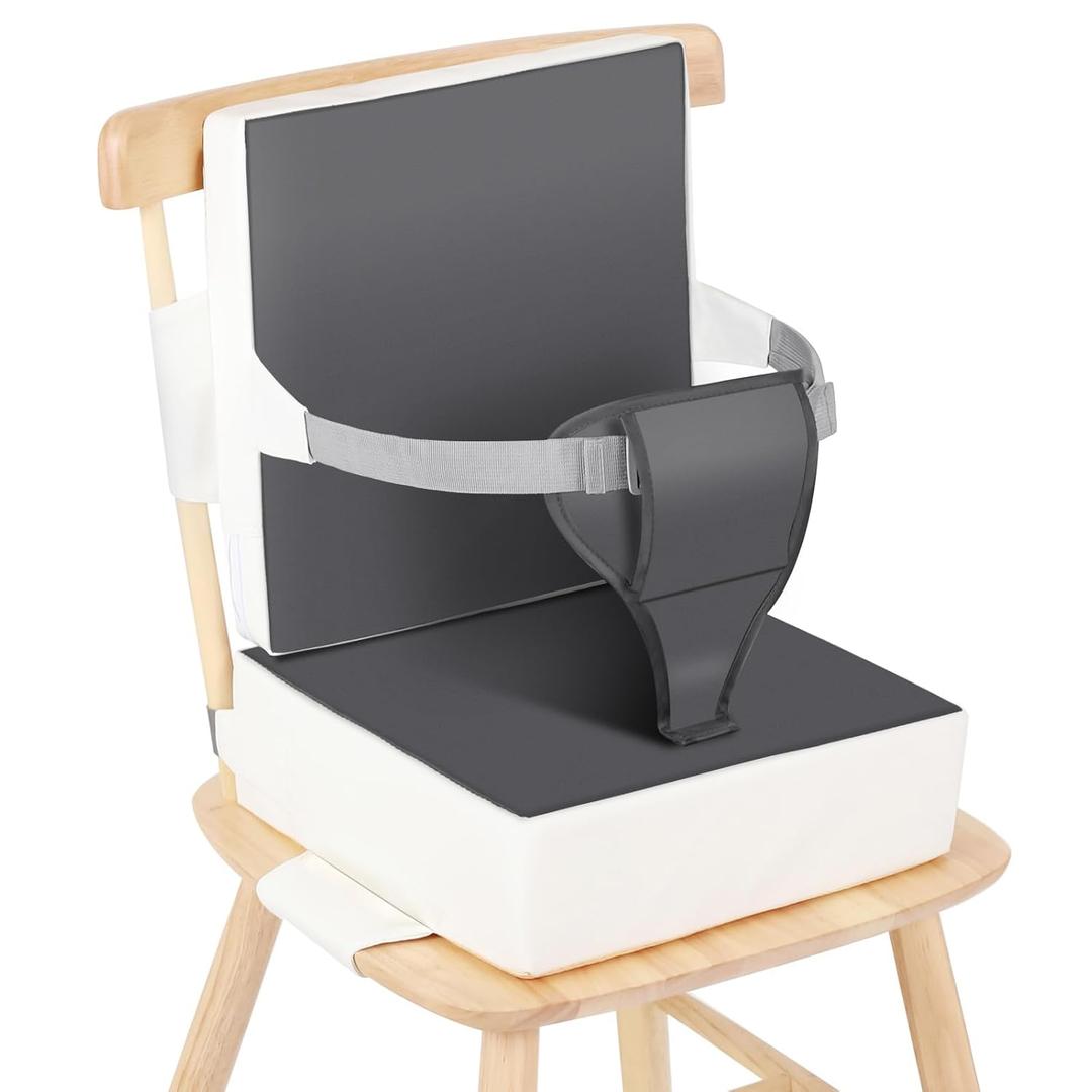 Toddler Booster Seat for Dining Table Kitchen Chair, Waterproof Non-Slip with Backrest & Adjustable Straps, Portable PU Travel Baby Kids Booster Seat Cushion (Grey+White)