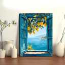 Framed Open Window Beach Canvas Wall Art Coastal Wall Decor Picture White Flowers and Butterflies Painting Artwork Fake Window Wall Art Horizontal Nature Landscape Seaside Summer Print for Home Decoration (E, 16x24inch(40x60cm), Framed)