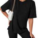 WDIRARA Women's Petite 2 Piece Outfits Ribbed Half Sleeve Tee Top and Biker Shorts Set (Black, S)