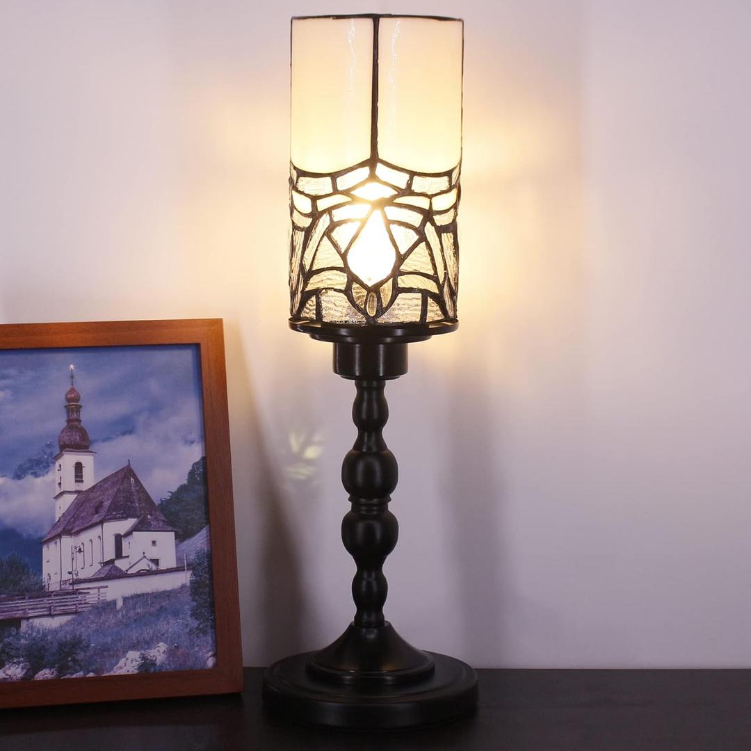 Small Tiffany Table Lamp Stained Glass Candlestick Style Table Light Green Liasion Style Desk Lamp Memory Lamp Sympathy Light (White Bending Style)