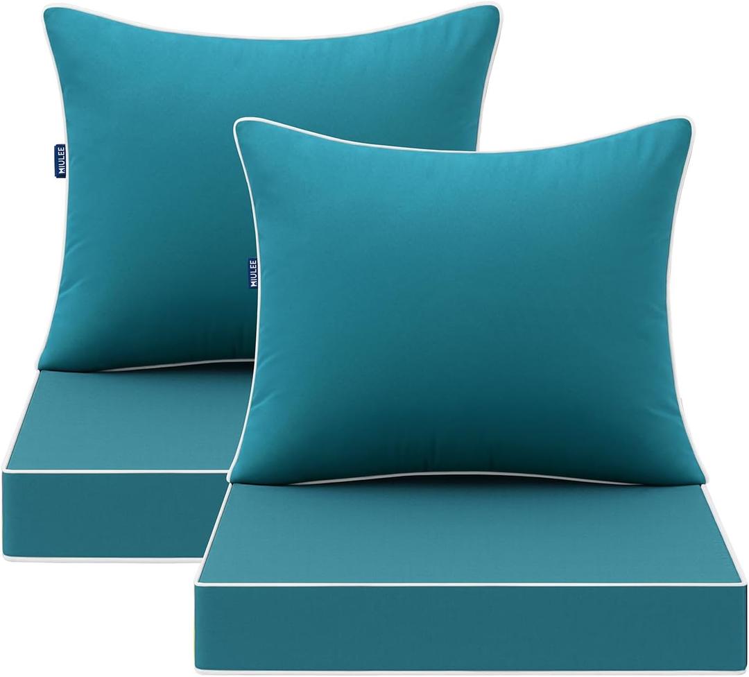 MIULEE Teal Outdoor Seat Cushion 24x24 Inch Set of 2 Waterproof & 3 Year Fade Resistant Deep Seat and Back Cushion for Patio Furniture Chair Sofa Couch with Handle and Adjustable Straps