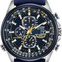 Citizen Men's Eco-Drive Sport Luxury World Chronograph Atomic Time Keeping Watch, Stainless Steel with Blue Leather Strap Coated in Polyurethane, Blue Dial (Model: AT8020-03L