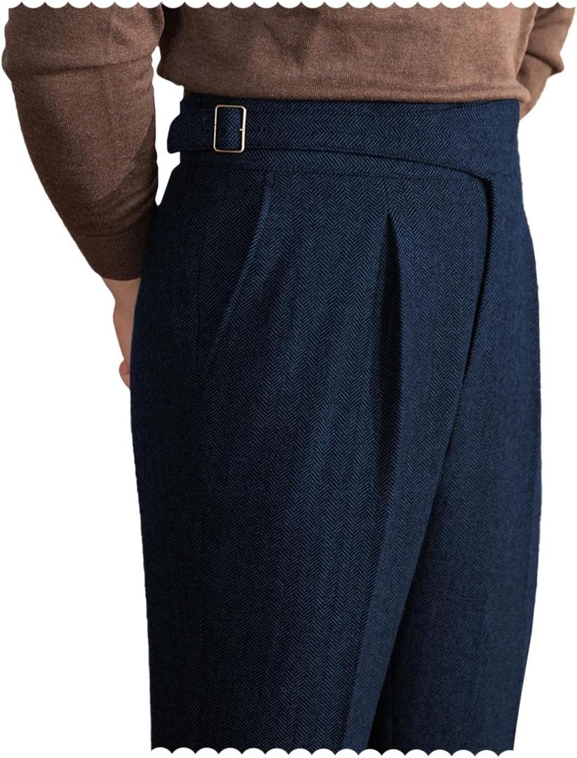 Men Trousers Vintage Tweed Blend Pants Herringbone Slim Fit Pleat-Front Pant Navy30W×30L (Blue)