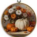 DILSJ Fall Pumpkin Round Wall Art Decor, Farmhouse Harvest Autumn Pumpkin Floral Canvas Wall Art Framed, Vintage Fall Hanging Decorations for Home Bedroom Living Room, 10x10 Inch