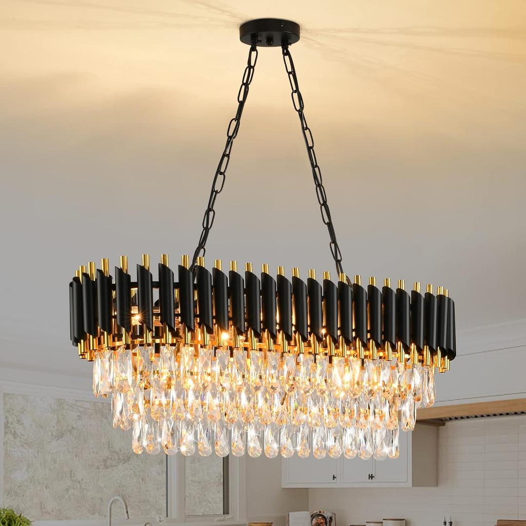 Modern Crystal Chandeliers for Dining Room 8-Light Black and Gold Chandelier Living Room Oval Contemporary Ceiling Hanging Light Pendant Light Fixture for Kitchen Island Bar L32 inch