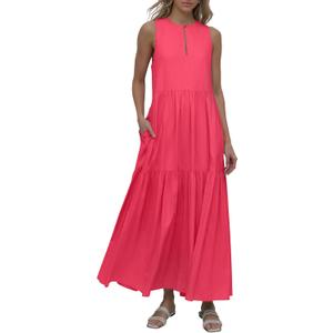 DKNY Women's Linen Tiered Sleeveless Maxi Dress, Coral Crush, Large