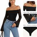 MANGOPOP Womens Off The Shoulder Bodysuit Mesh Bell Sleeve Body Suit Sexy Going out Fall Backless Tops 2025 (Black, M)