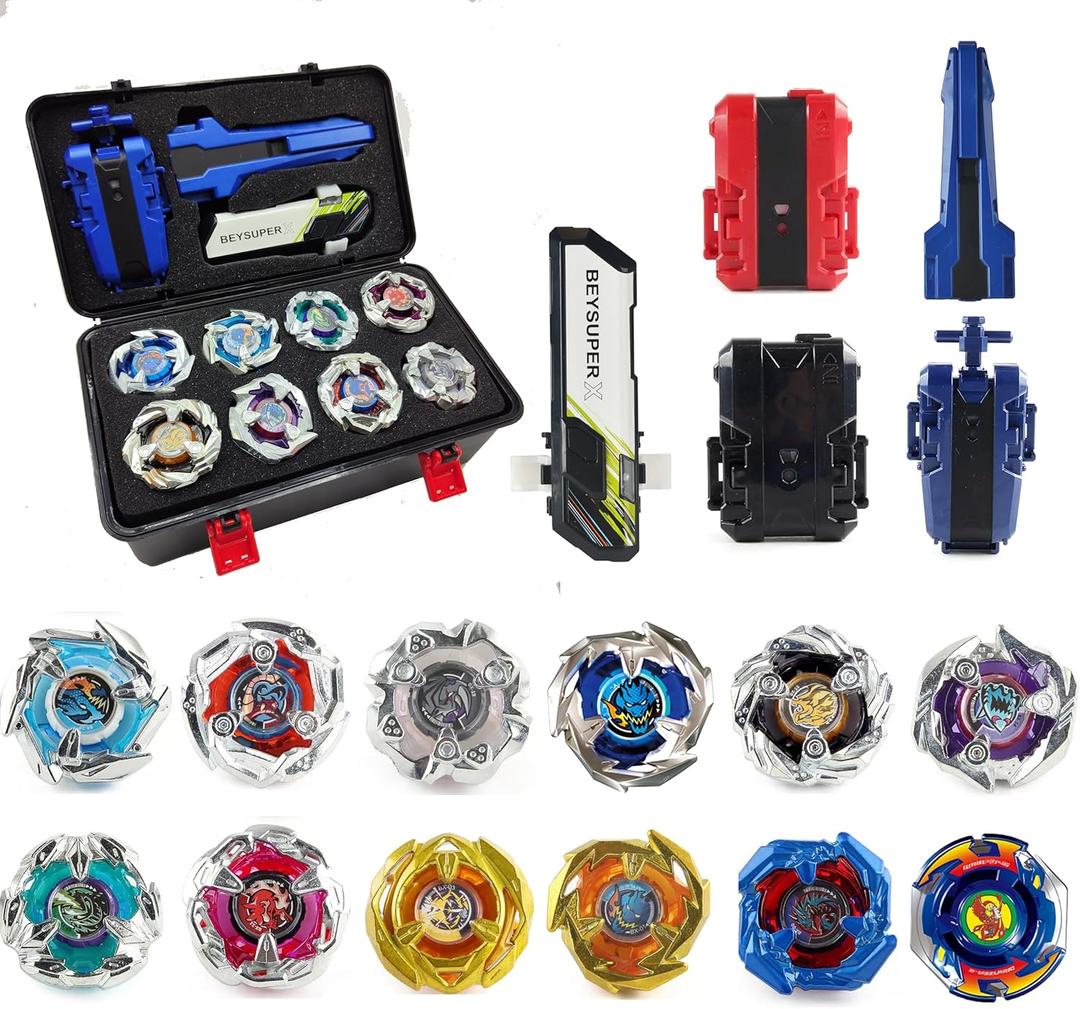 MUSTYBELT Battling Top Burst Gyro Toy Set Toy Gift for Children Boys Ages 6 8 10 12+ Combat Battling Game 12 Burst Spinning Tops 2 Two Way Launchers Grip Starter (BOZE-BX12)