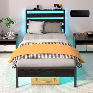 J.Fkne Twin Bed Frames with LED Lights & Charging Station, Metal Platform Frame with Upholstered Headboard, No Box Spring Needed, Noise Free, Easy Assembly