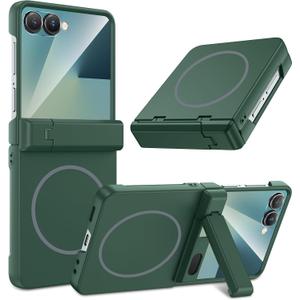 Maxdara for Z Flip 7 Magnetic Case, with Hidden Kickstand & Compatible with MagSafe & Hinge Protection & Built-in Screen Protector Phone Cover for Samsung Galaxy Z Flip 7, Green (Magnet)