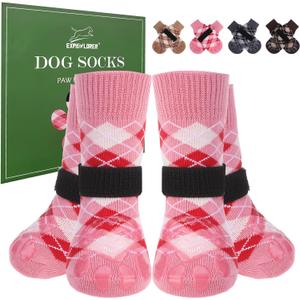 EXPAWLORER Dog Socks to Prevent Licking Paws, Dog Shoes for Hot Pavement,4 Pcs Double Sided Anti Slip Dog Socks with Grippers, Dog Booties for Small Medium Large Senior Dogs, British Style, Pink M