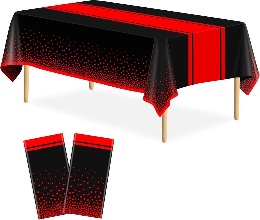 2 Pack Black and Red Tablecloth Party Decorations Plastic Black Tablecloth Printed Red Table Runner 54 x108 Inch Disposable Rectangle Table Cover for Birthday Wedding Graduation Anniversary