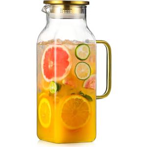 2 Quart (2 Liter 68 oz) Square Glass Pitcher with Lid and Spout, Water Pitchers with Handle for Fridge, Borosilicate Glass Carafe for Hot/Cold Drink, Large Jug for Iced Tea, Coffee, Beverage, Cold (67.6 Ounces, Gold)