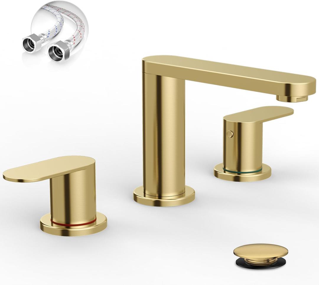BWE Brushed Gold Bathroom Faucet 3 Hole, 8 Inch Widespread Gold Bathroom Faucets with Pop-up Drain and Supply Lines, 360 Swivel Spout 2-Handle Sink Faucet for Bath Vanity,  8 Inches Widespread, Brushed Gold