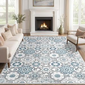 Area Rug 8X10 Living Room Rugs - Large Bohemian Floral Machine Washable Low Pile Stain Resistant Rug Soft Non Slip Neutral Indoor Floor Rugs for Bedroom Kitchen Dining Room Home Office, Grey/Blue (8' x 10')