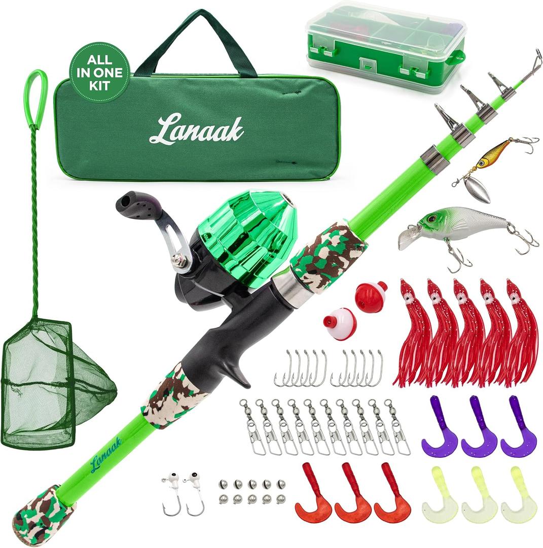 Kids Fishing Pole, Kids Portable Telescopic Fishing Rod Set, Tackle Box and Fishing Net Combo Kit, Kids Fishing Gear for Boys and Girls Age 5-10 and Youth (Green)