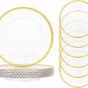 ejonirinjonir 13 Inch Clear and Gold Charger Plates,6pcs Clear Charger Plates With Gold Beaded Rim,Chargers for Dinner Plate Plastic Perfect for Wedding,Afternoon Tea,Spring,Mother's/Valentine's Day