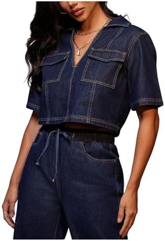 Floerns Women's Collared V Neck Denim Crop Tops Short Sleeve Casual Loose Jean Top M