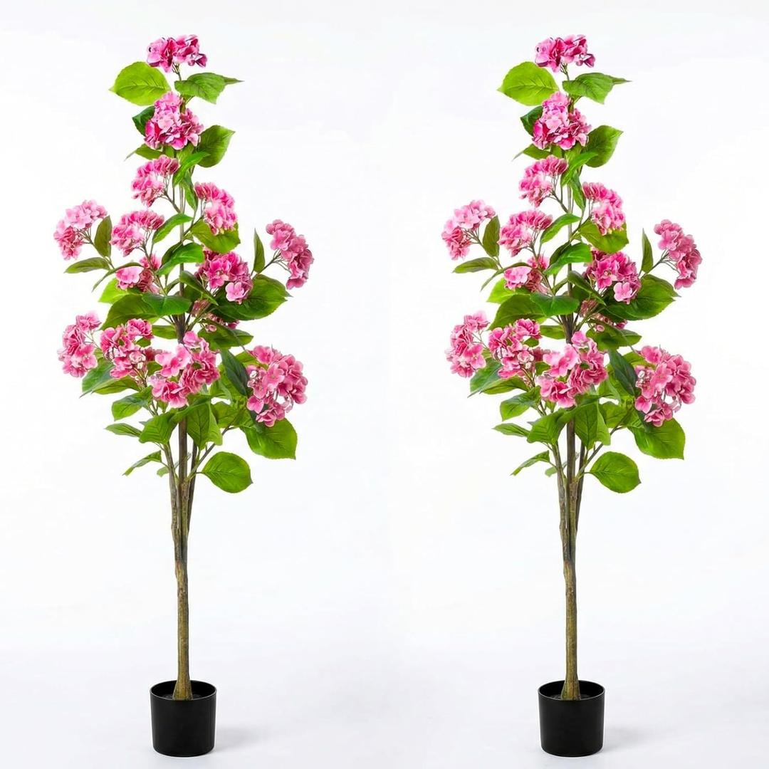 Daifunli Pink 2 Pack 5 FT Artificial Hydrangea Tree Faux Hydrangea Plant in Pot UV Resistant Realistic Floral Blooming Bush for Indoor Outdoor Wedding Front Door Porch Garden Backyard