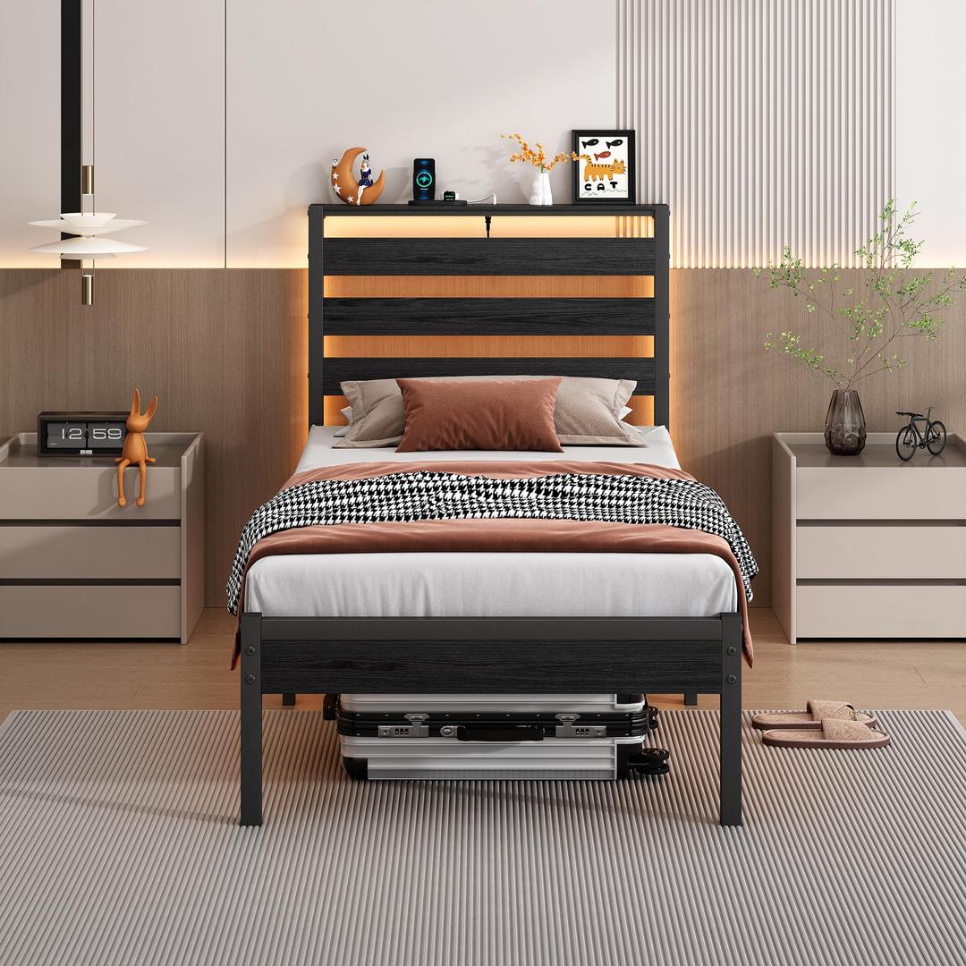 CLIBFENG 14 Inch Classic Metal Platform Bed Frame-Queen Size Bed Frame with Headboard,Steel Slats Support-LED Bed Frame with USB Charging Station,Under Bed Storage,No Box Spring Needed,Noise Free