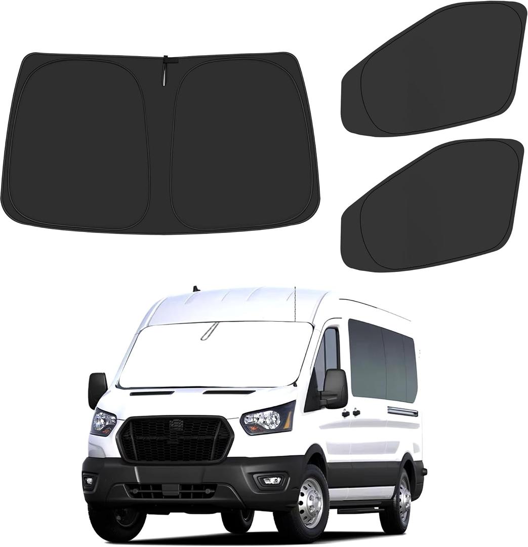 Front Windshield Side Window Sun Shade for 2015-2024 Fo-rd Transit Van High and Medium Roof, Foldable Window Sunshade Sun Visor Protector, Window Shades Blocks UV Rays Heat, Pack of 3