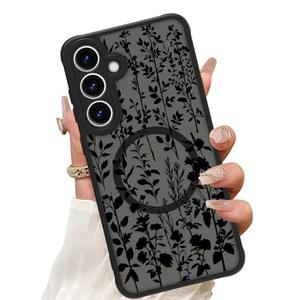 ZIYE Magnetic Case for Samsung Galaxy S25 6.2 Inch [Compatible with MagSafe] Hard PC and Soft TPU Case with Black Floral Anti-Scratch Shockproof Protection Phone Cover for Women