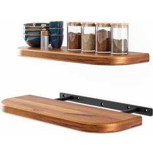 BATODA 17" Acacia Wood Floating Shelves Wall Mounted (Round Edge)  Rustic Farmhouse Wooden Wall Storage Shelf for Bedroom, Kitchen - Brackets and Shelving Hardware Included (Acacia, 17 Inch Length)