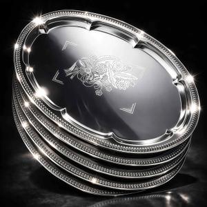 6-Pack Large Silver Serving Trays (16" x 12")  Oval Floral Engraved Serving Platters for Parties, Weddings, Birthdays, Festive Occasions  Mirror Trays for Appetizers, Charcuterie, Cookies, Desserts