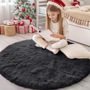 OLANLY Black Round Rugs for Bedroom - Machine Washable, 4 ft Circle Area Rugs for Living Room, Soft and Fluffy Shaggy Carpet for Teen Girls and Boys, Nursery Rooms, Dorms, Home Decor Aesthetic