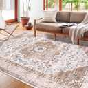 Ileading Bohemian Vintage Area Rug 5x7ft,Machine Washable Low-Pile Living Room Accent Carpet Non-Shedding rugs for Bedroom Non-Slip Floor Throw Rugs for Kitchen,Dining Room,Kids Playroom(Beige&Orange)