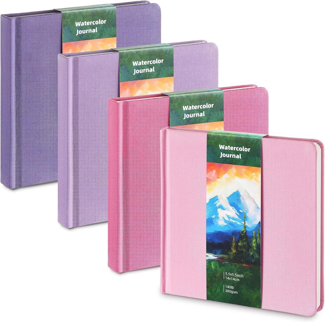 Mooliwe 4 Pcs Watercolor Paper Sketchbook 5.5 x 5.5 Watercolor Travel Journal 300 GSM Cotton Cold Press 48 Pages Drawing Artist Paper Pads Gift for Valentines Day(Pink Purple) (Pink Purple)
