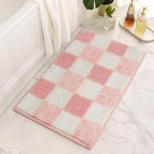 GRANNY SAYS Checkered Pink Bathroom Rugs Decor, 24" x 16", Fluffy Rug, Absorbent Microfiber Ultra Soft Bath Mat Washable, Non-Slip Bath Mats for Bathroom, Cute Floor Mat for Tub, Shower, Bedroom