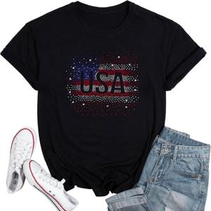 2 x Merica Shirt for Women American Flag Tee Shirts Short Sleeve 4th of July Patriotic Shirts Tops (Black, S)