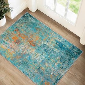 RELEANY Washable Area Rugs 2'x3' Non-Slip Modern Abstract Soft for Living Room Entryway Bedroom Nursery, Print Pattern, Teal Blue Green Orange Rust Red Colorful