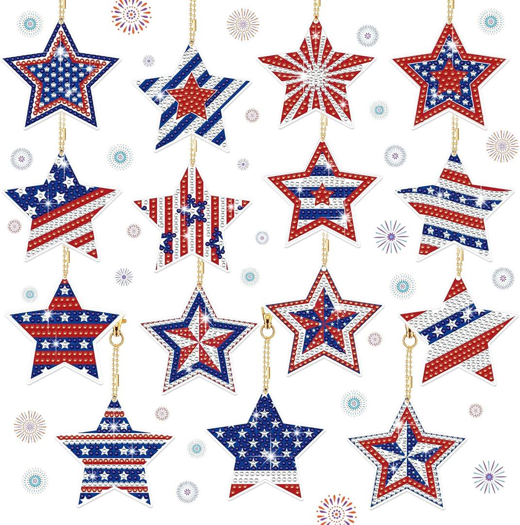 BBTO 15 Pcs 4th of July Star Diamond Art Keychains Patriotic Star Ornaments 250th Anniversary Memorial Day Painting Keychains Red White Blue Independence Day Diamond Art Kits for Kids Adults Crafts (Multi Color)